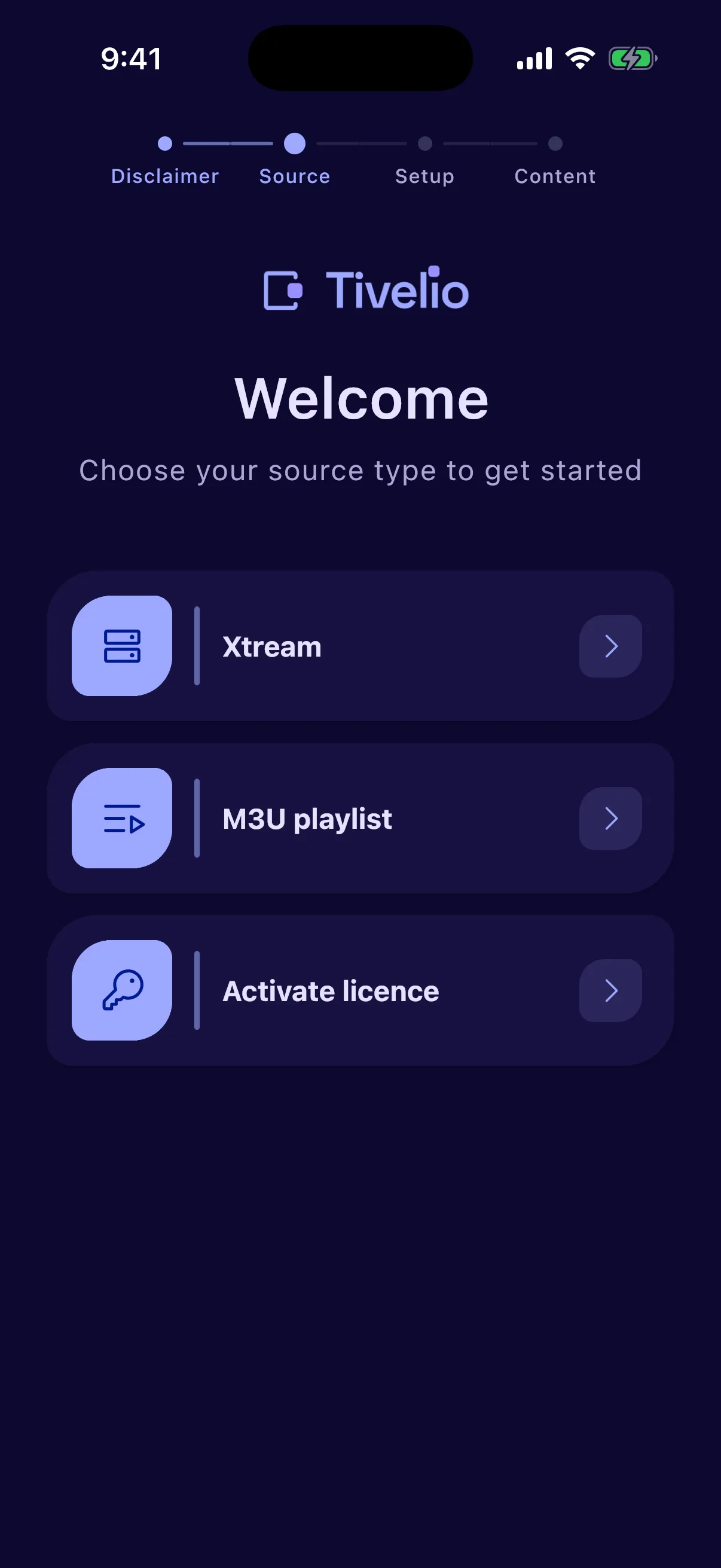 Tivelio welcome screen: choose a source type