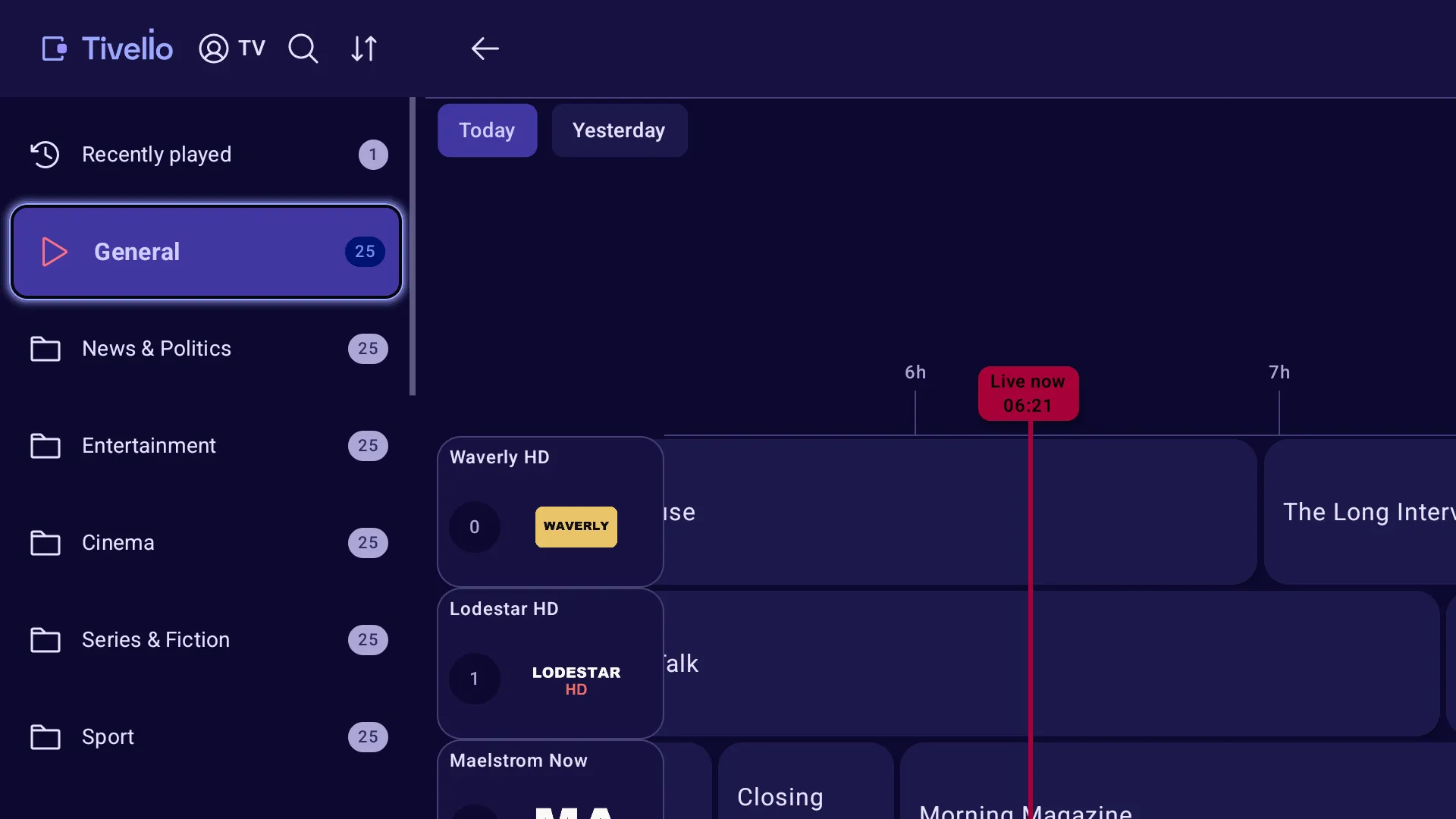Tivelio programme guide on Android TV