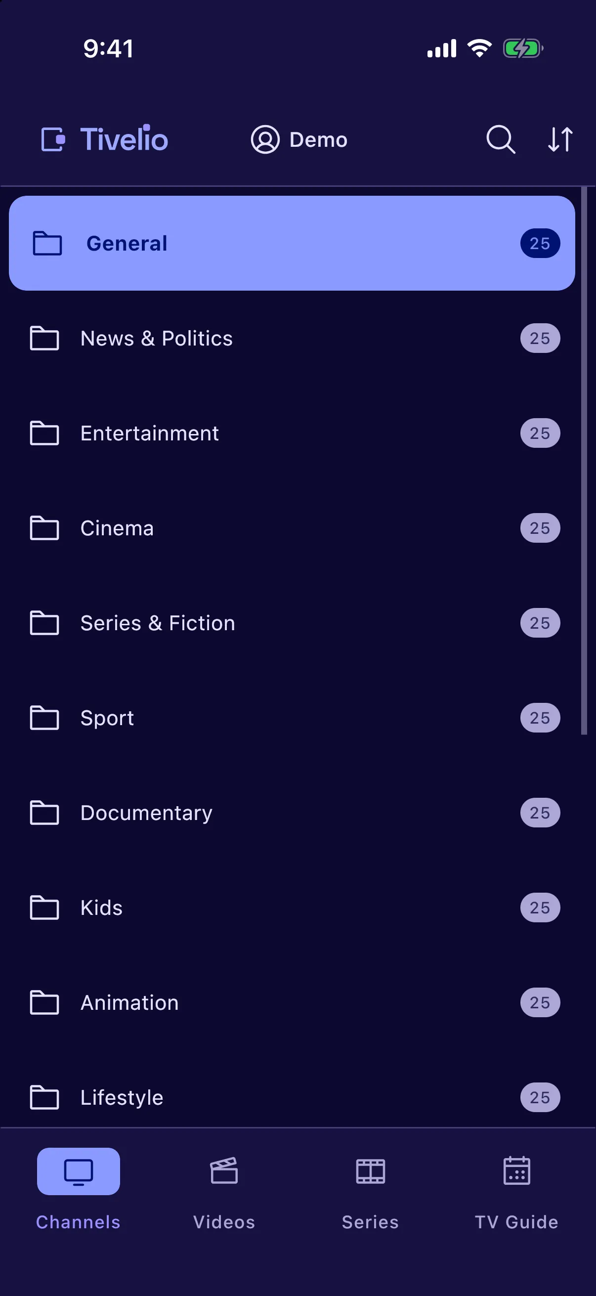 Tivelio channel categories on a phone