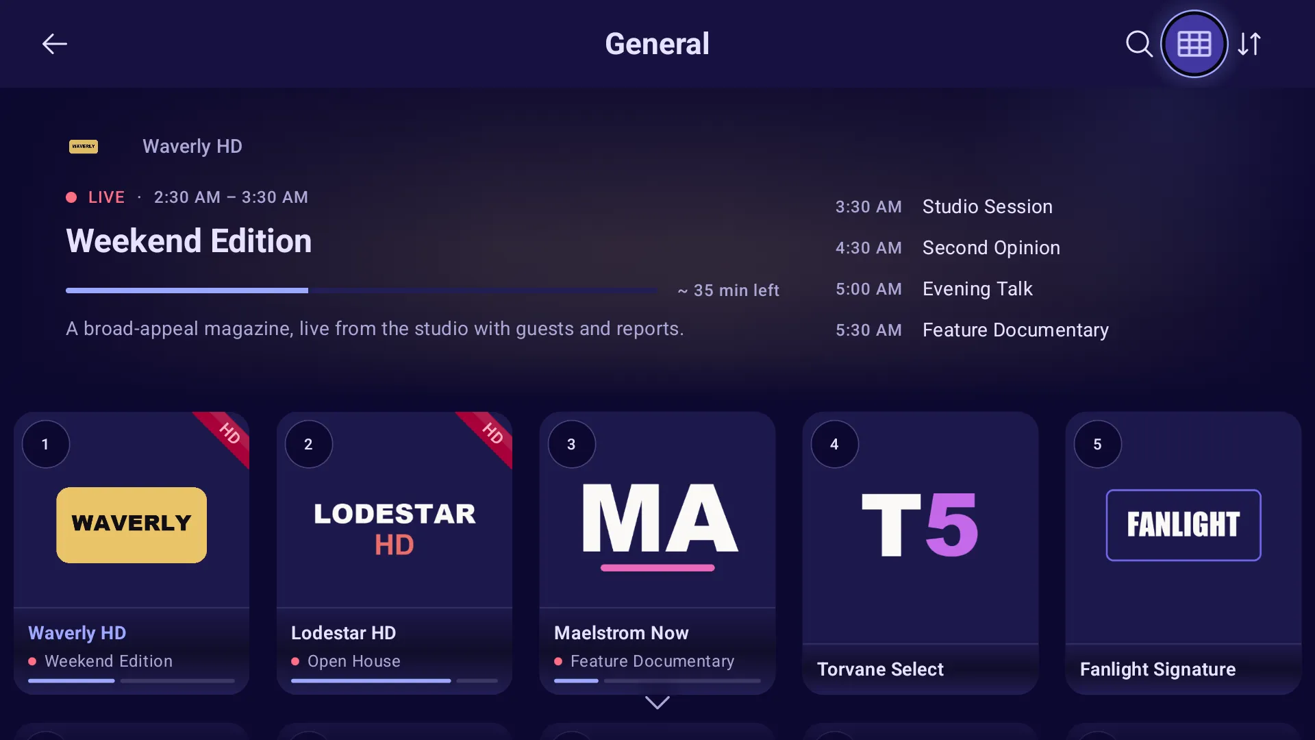 Tivelio home on a TV with the live programme panel