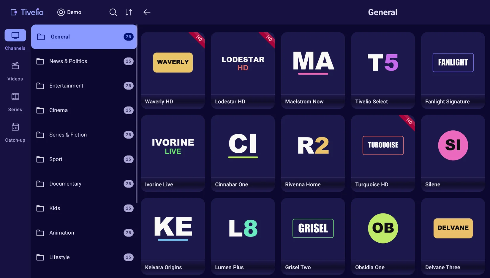 Tivelio channel grid: category sidebar and channel cards